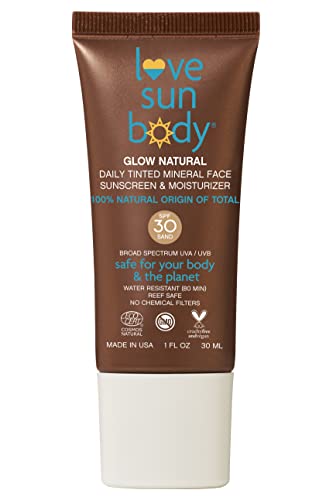 Love Sun Body Glow Natural Daily Tinted Mineral Face Sunscreen & Moisturizer, Certified 100% Natural Origin, SPF 30 Broad Spectrum, Anti-Aging Sunblock Lotion, Sensitive Skin Safe, Travel Size, Reef Safe, Fragrance-Free, Cosmos Natural (Sand)