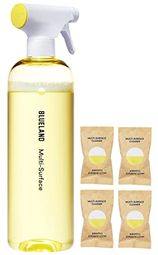 BLUELAND Multi-surface All Purpose Cleaning Spray Bottle with 4 Refill Tablets | Eco Friendly Products & Cleaning Supplies - Fresh Lemon Scent | Makes 4 x 24 Fl oz Bottles (96 Fl oz total)