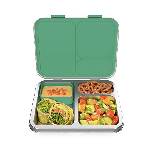 Bentgo® Kids Stainless Steel Leak-Resistant Lunch Box - New & Improved 2022 Bento-Style with Upgraded Latches, 3 Compartments, & Bonus Container - Eco-Friendly, Dishwasher Safe, BPA-Free (Green)